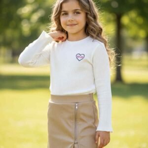 Κομψό σετ για κορίτσι με σόρτς-φούστα από eco leather και μακρυμάνικο κορμάκι